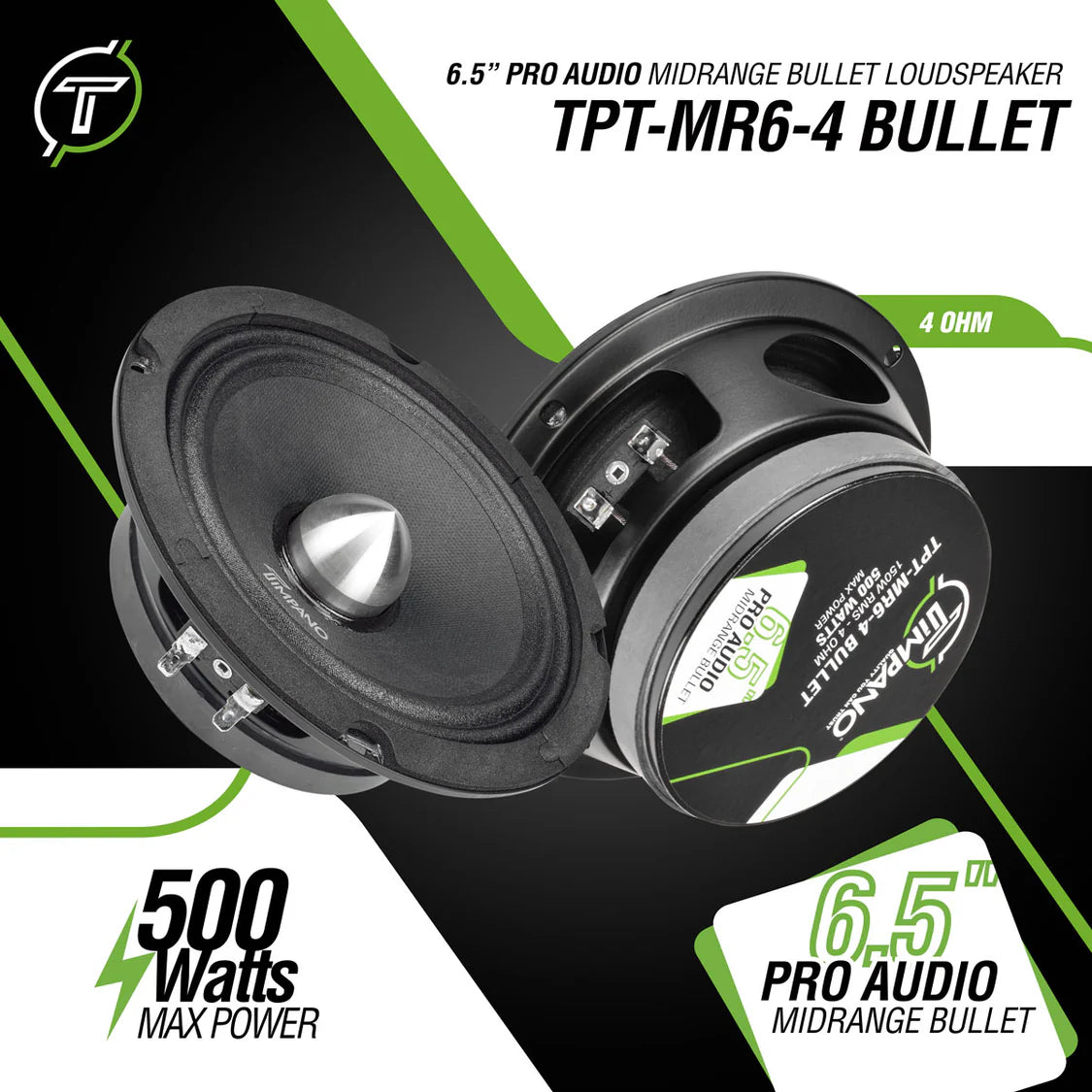 1600w PACKAGE 2x 6.5" Bullet Midrange + 2x Black Tweeters